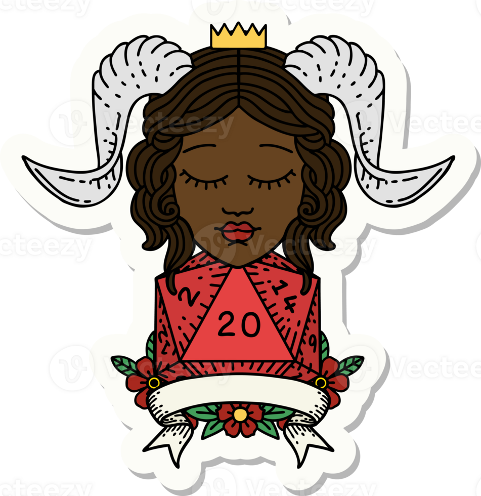 sticker of a tiefling with natural twenty dice roll png