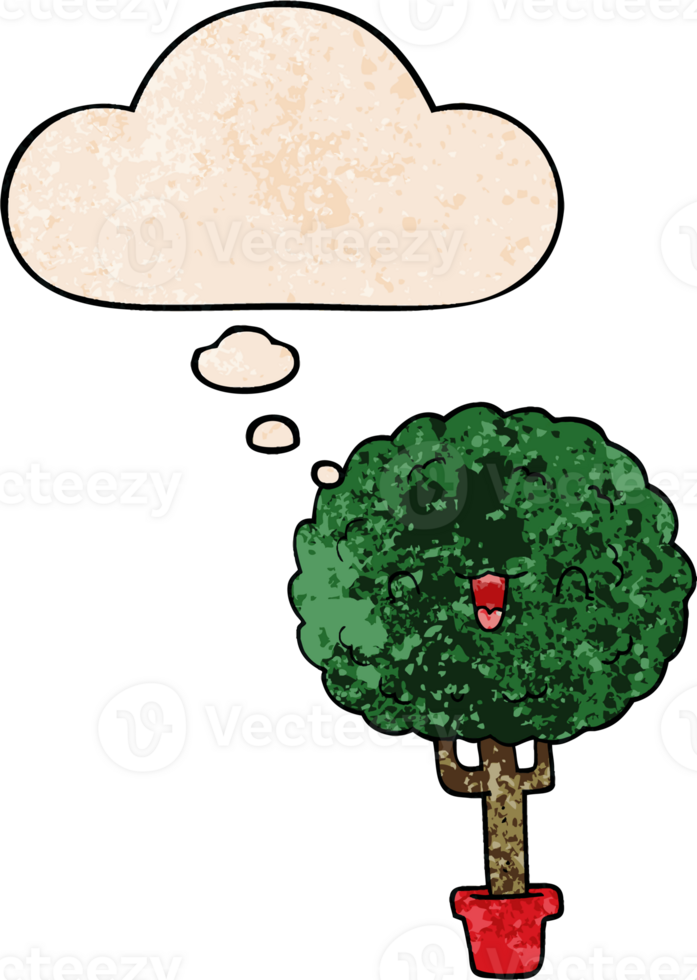 cartoon happy tree with thought bubble in grunge texture style png