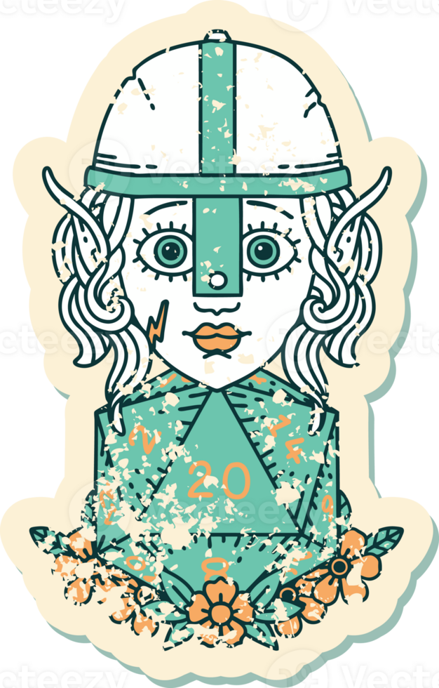 Retro Tattoo Style elf fighter with natural twenty dice roll png
