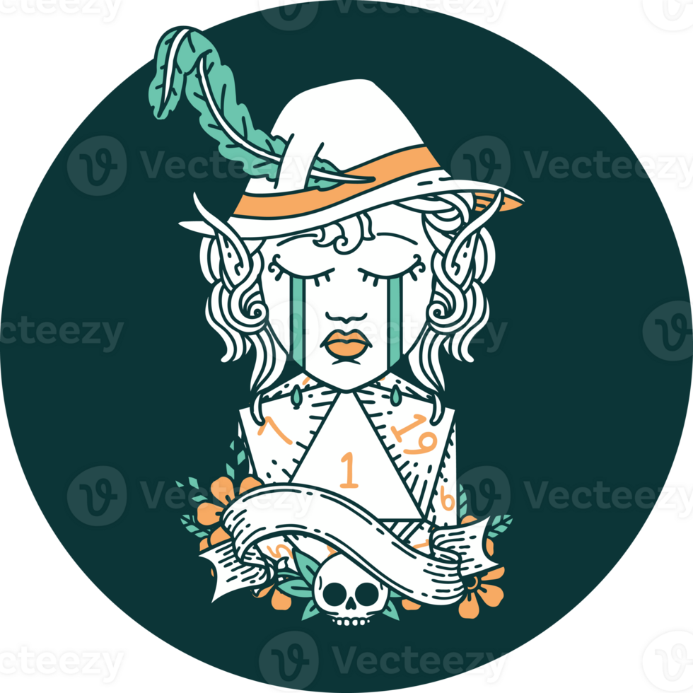 icon of crying elf bard character face with natural one d20 dice roll png