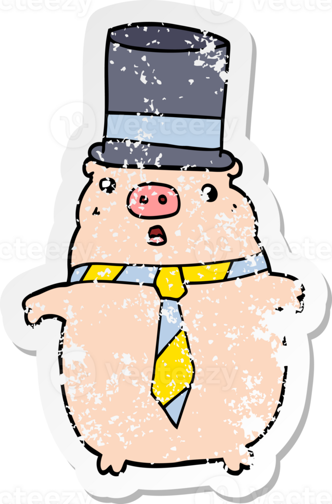 distressed sticker of a cartoon business pig png