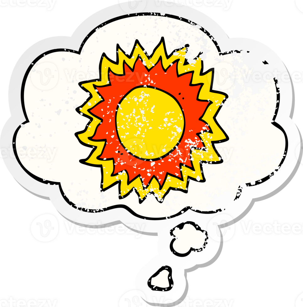 cartoon sun with thought bubble as a distressed worn sticker png