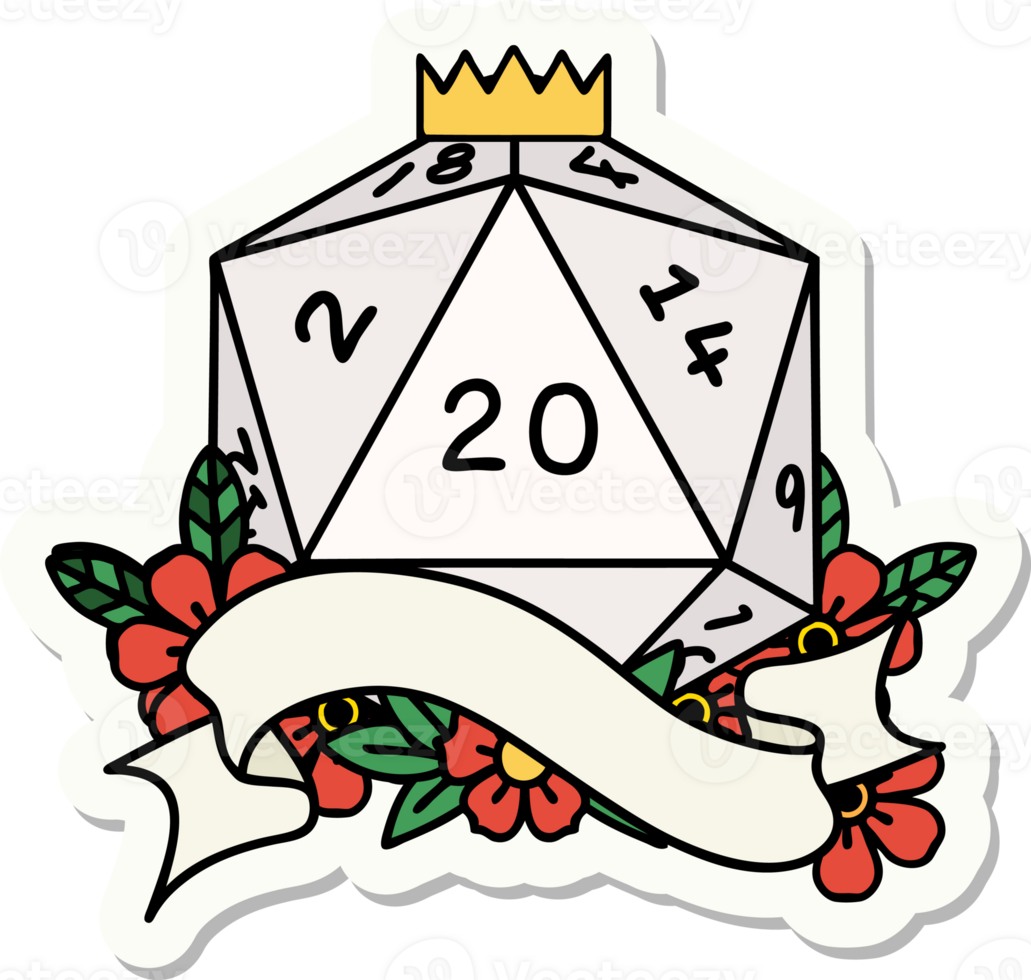sticker of a natural twenty D20 dice roll png