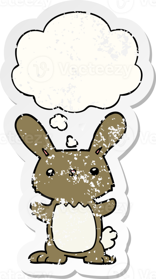 cute cartoon rabbit with thought bubble as a distressed worn sticker png