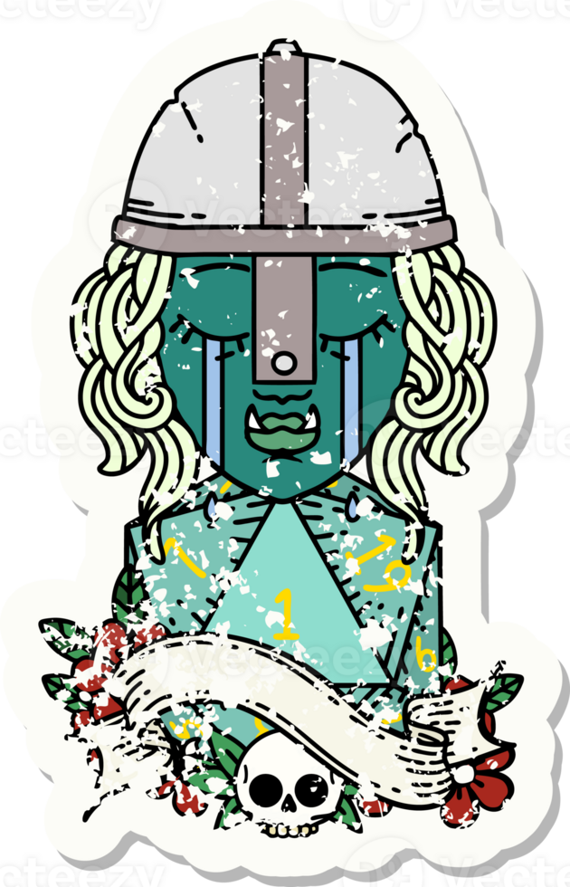 Retro Tattoo Style crying orc fighter character face with natural one D20 roll png