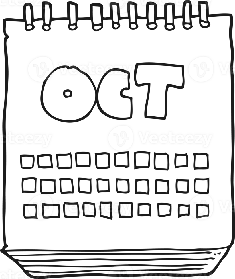 drawn black and white cartoon calendar showing month of october png