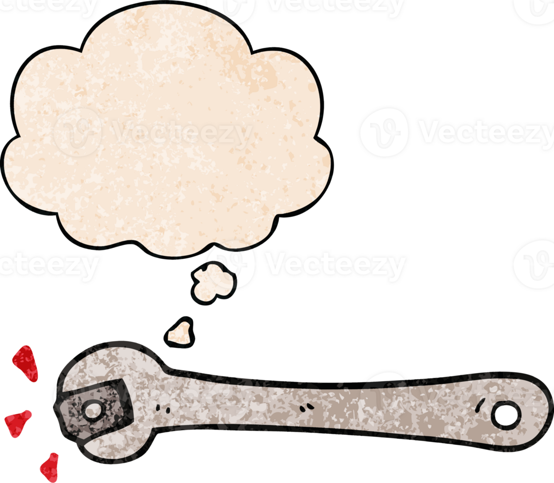 cartoon spanner turning nut with thought bubble in grunge texture style png