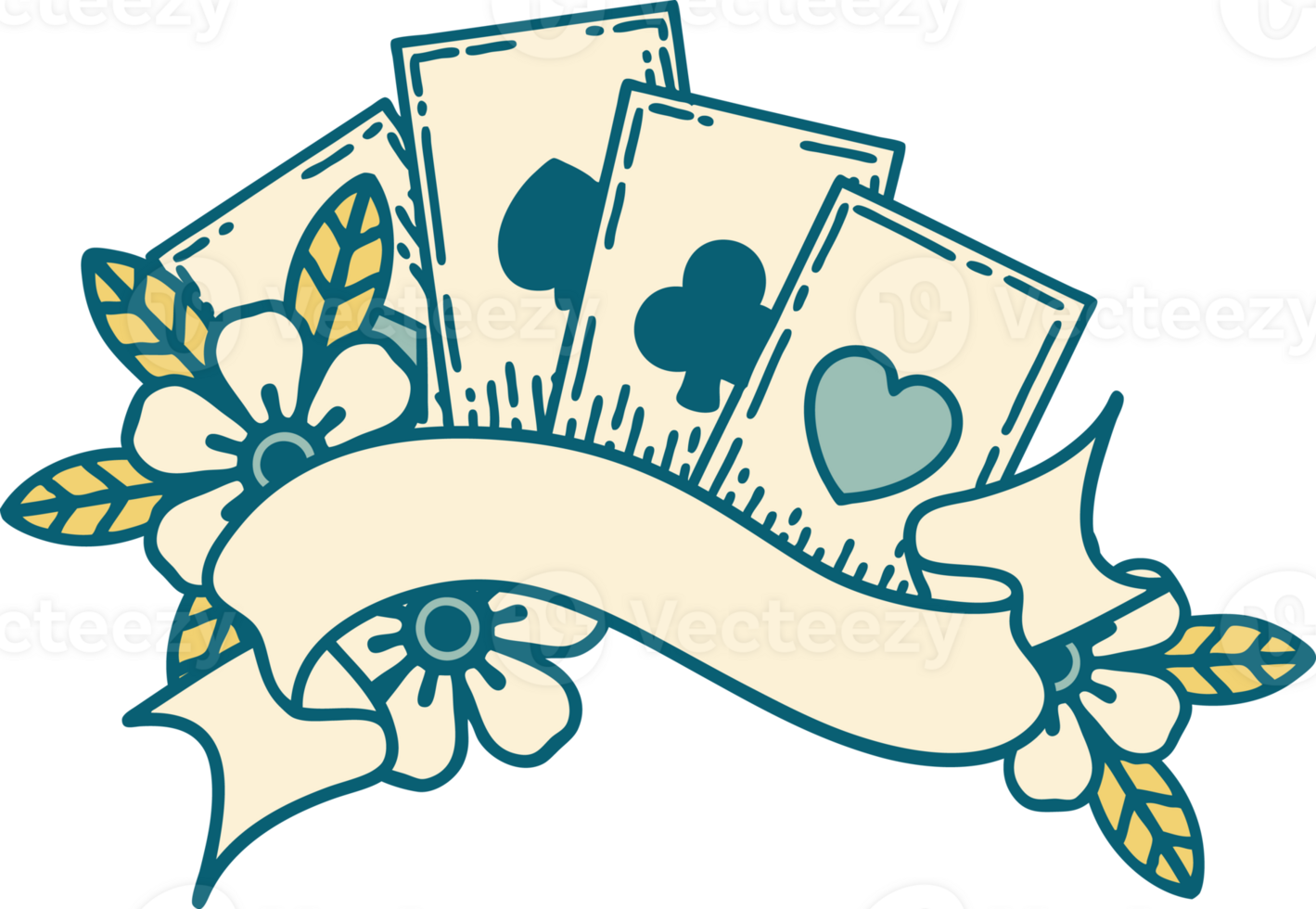 iconic tattoo style image of cards and banner png