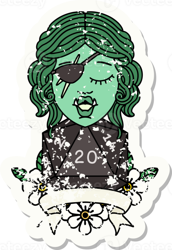 Retro Tattoo Style half orc rogue character with natural twenty dice roll png