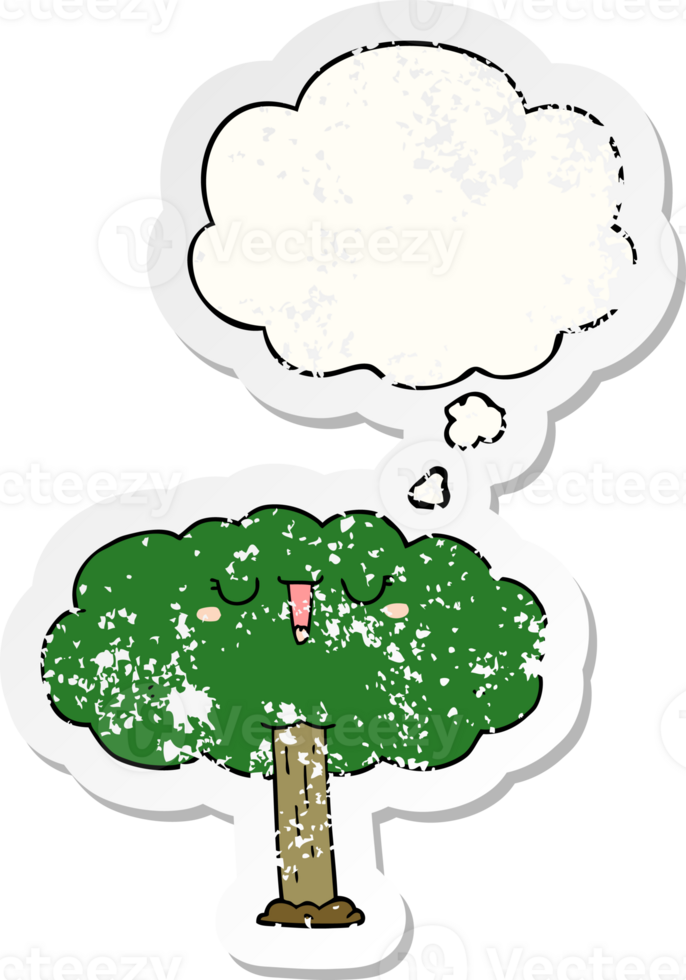 cartoon tree with thought bubble as a distressed worn sticker png