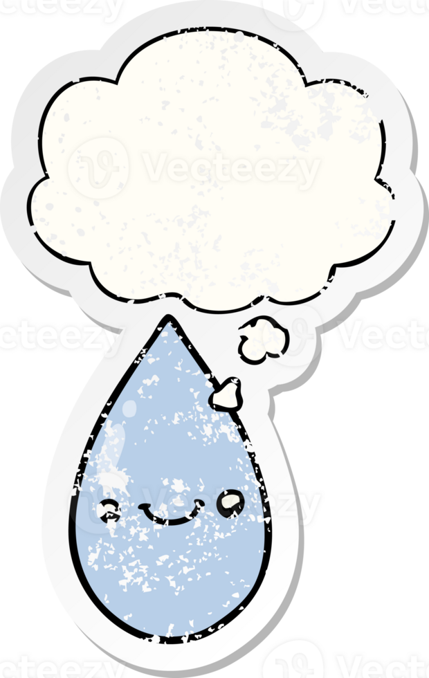 cartoon cute raindrop with thought bubble as a distressed worn sticker png