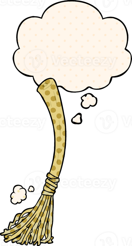 cartoon magic broom with thought bubble in comic book style png