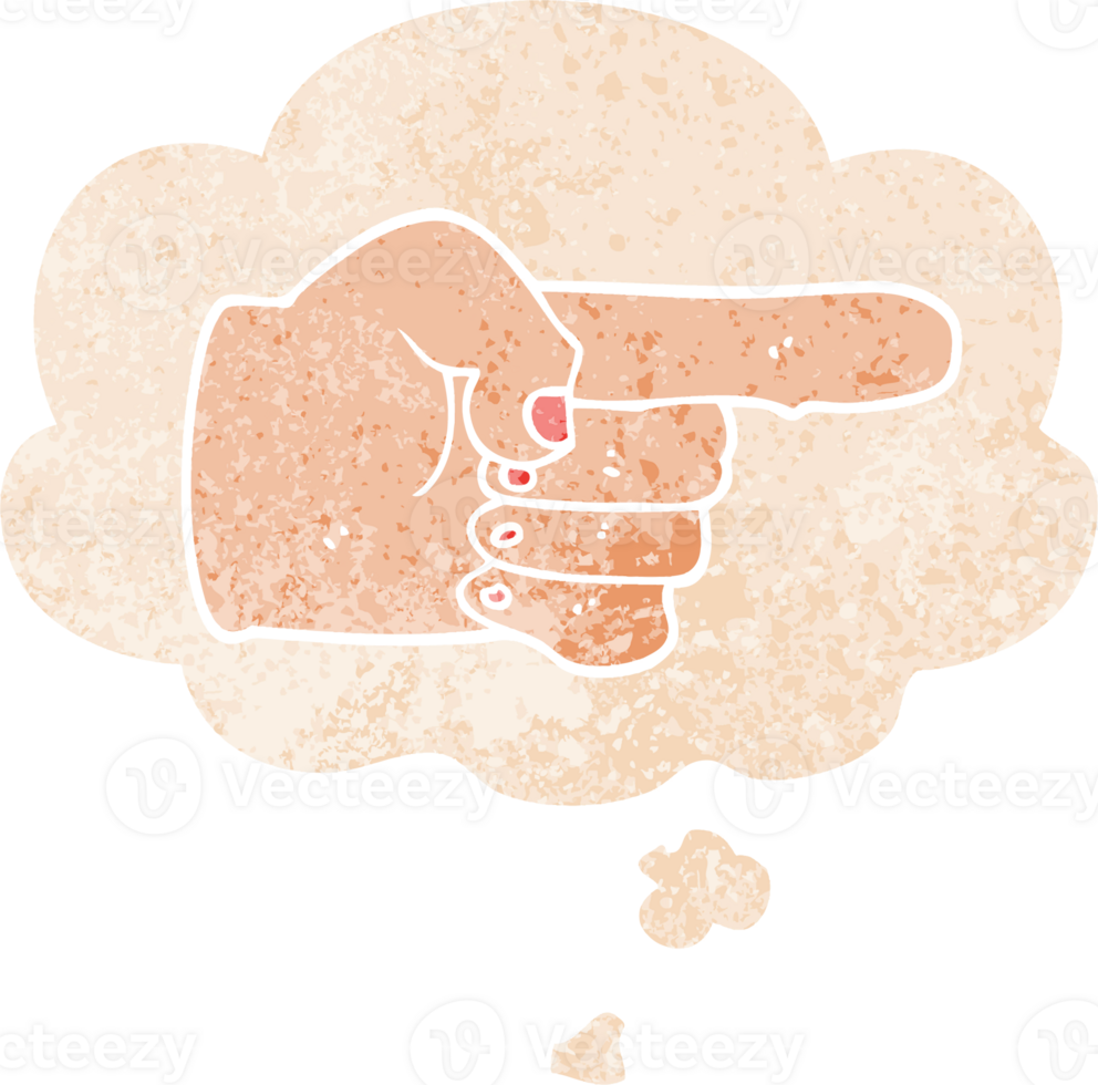 cartoon pointing hand with thought bubble in grunge distressed retro textured style png