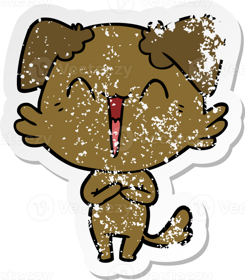 distressed sticker of a happy little dog cartoon png