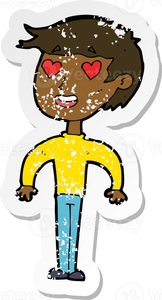 retro distressed sticker of a cartoon man in love png