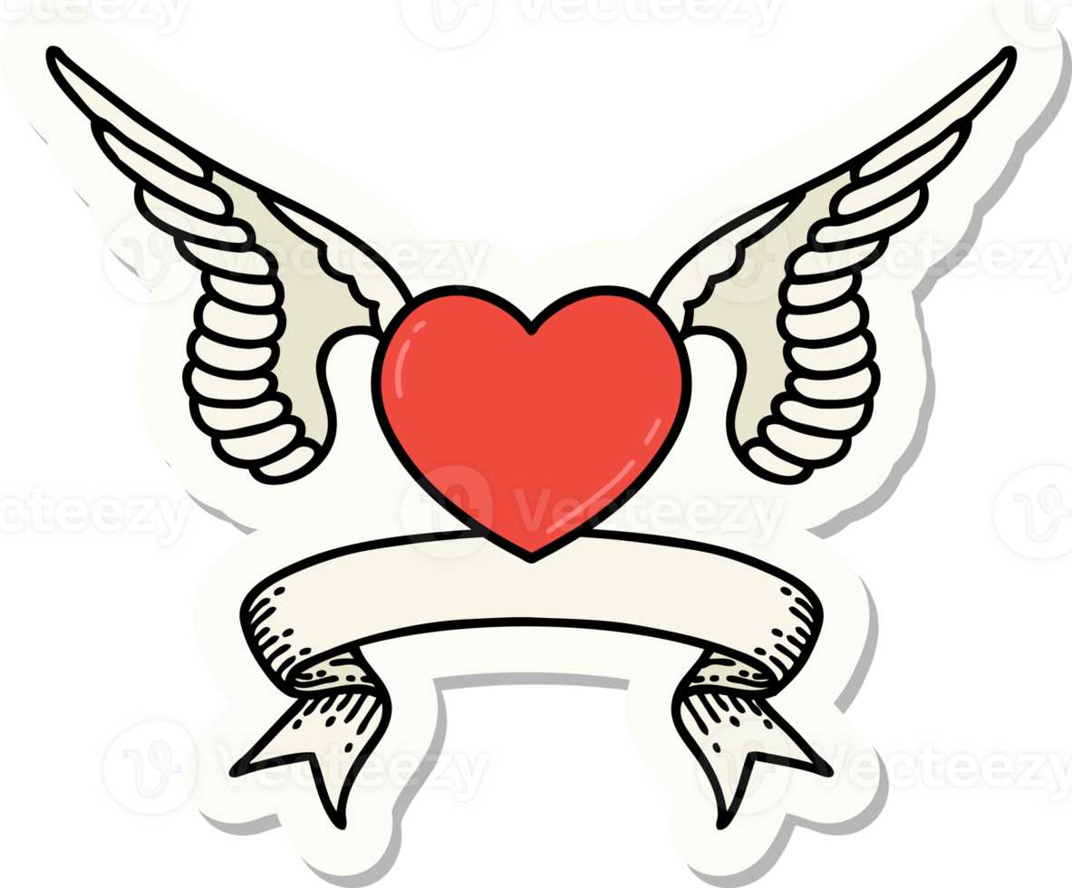 tattoo style sticker with banner of a heart with wings png