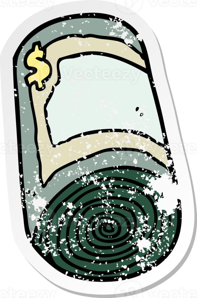 distressed sticker of a cartoon roll of money png