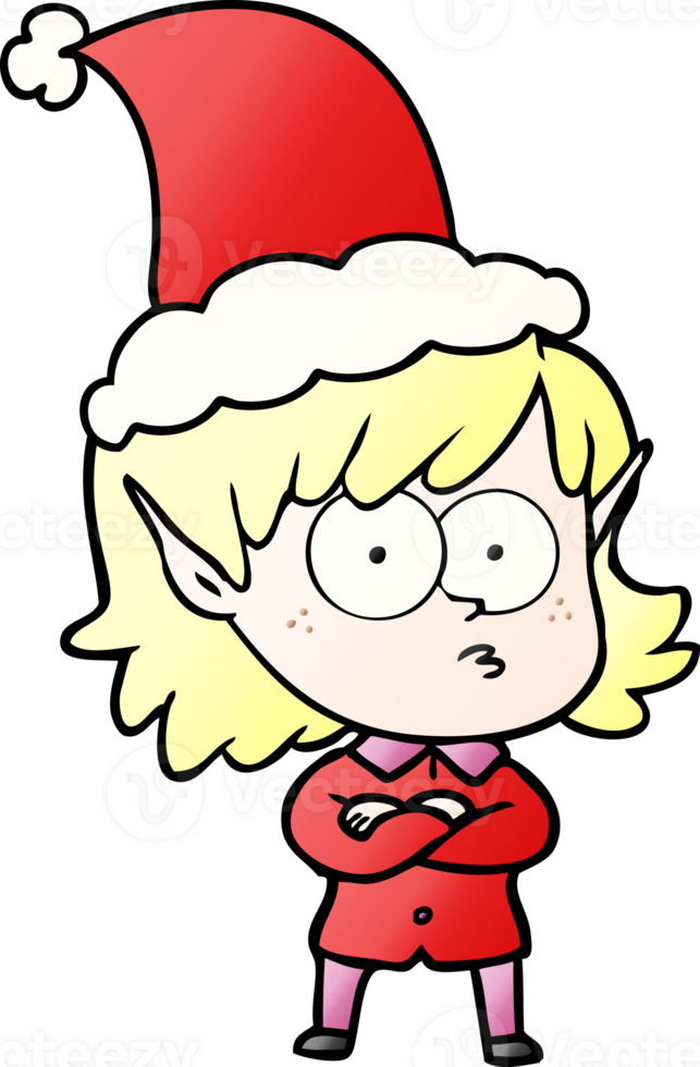 hand drawn gradient cartoon of a elf girl staring wearing santa hat png