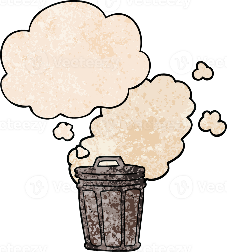 cartoon stinky garbage can with thought bubble in grunge texture style png
