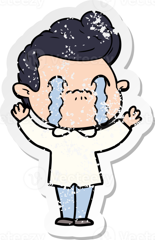 distressed sticker of a cartoon man crying png