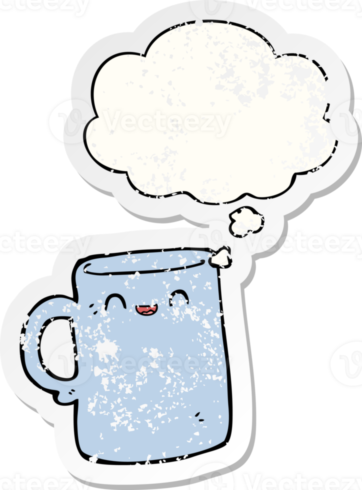 cartoon mug with thought bubble as a distressed worn sticker png