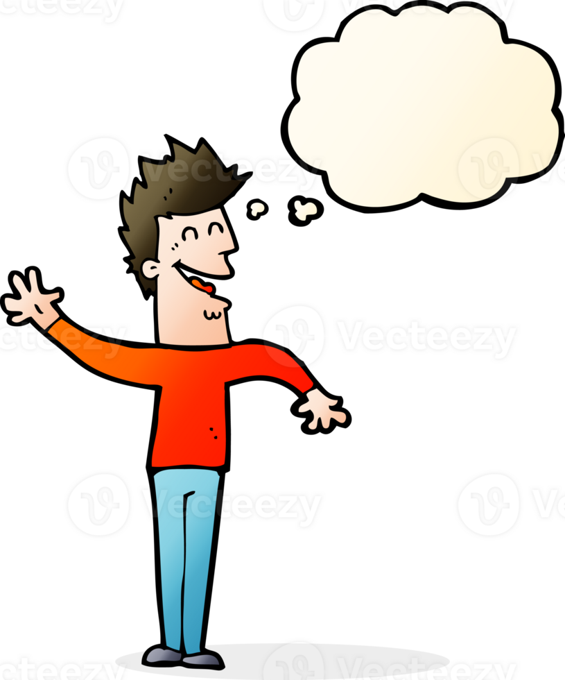 cartoon happy man waving with thought bubble png