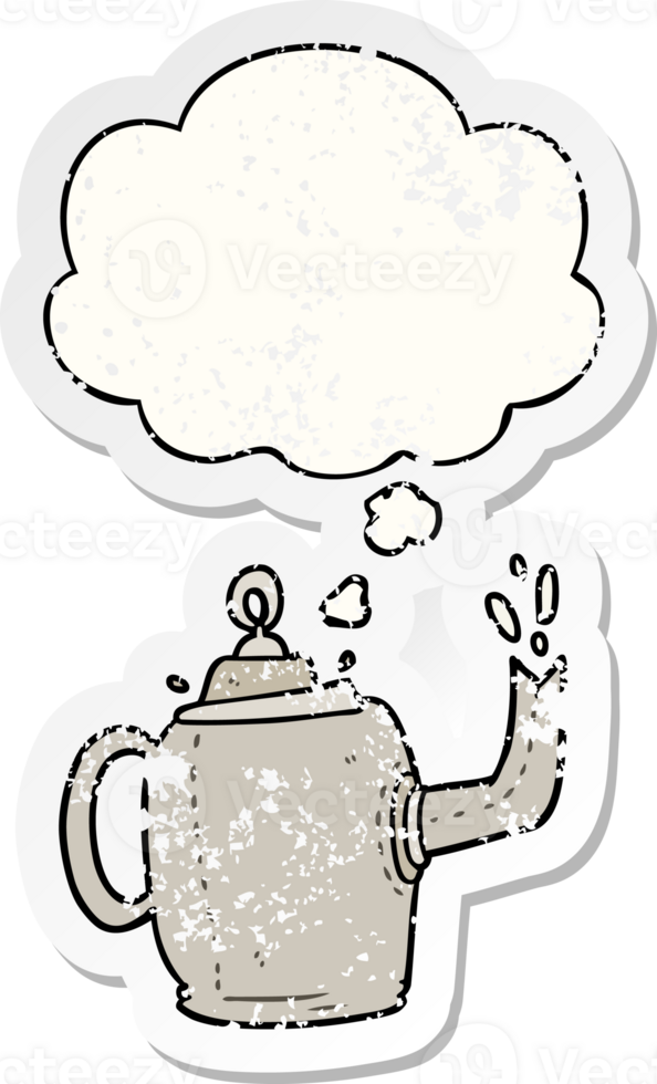 cartoon old kettle with thought bubble as a distressed worn sticker png