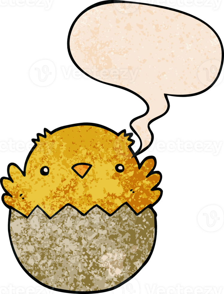 cartoon chick hatching from egg with speech bubble in retro texture style png