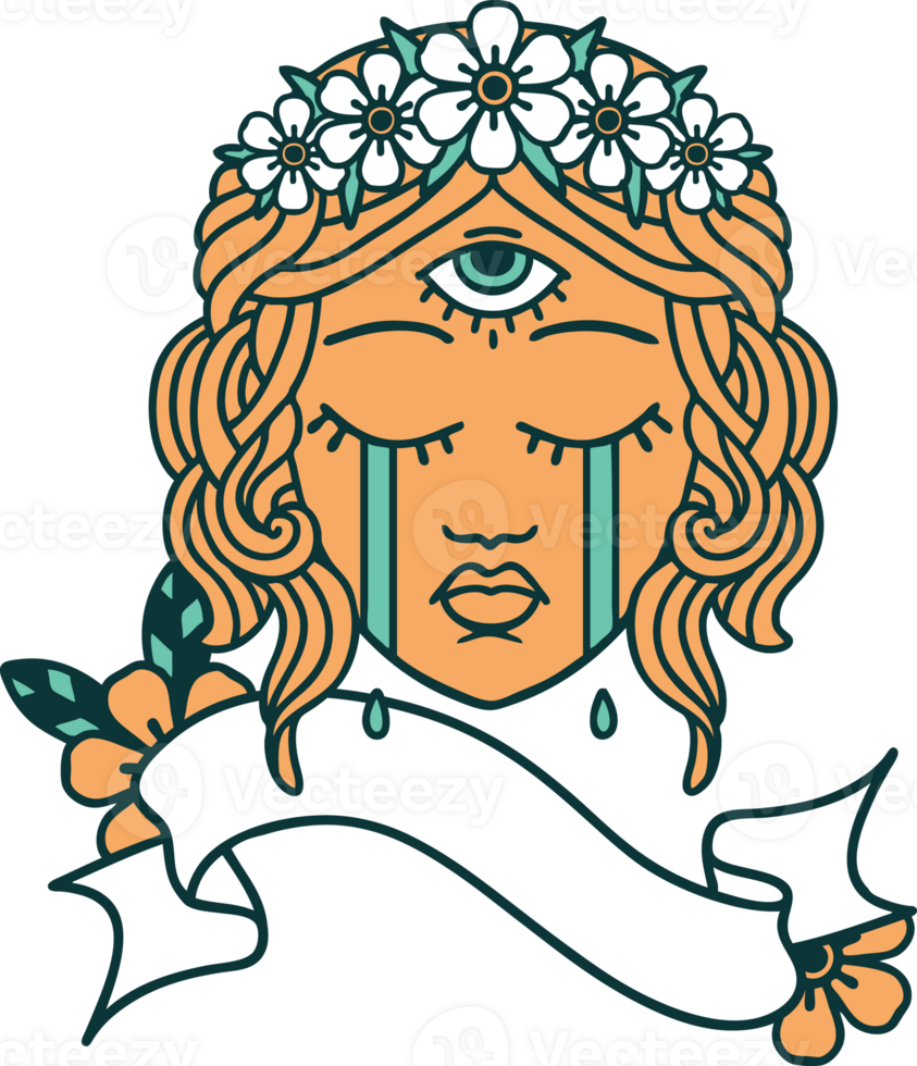 traditional tattoo with banner of female face with mystic third eye crying png