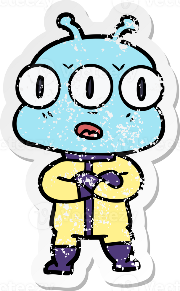 distressed sticker of a cartoon three eyed alien png