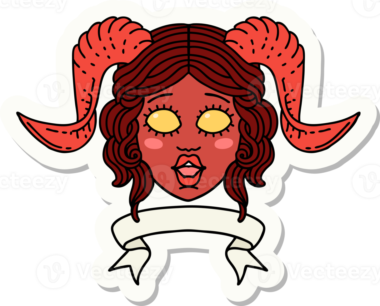 sticker of a tiefling character face with scroll banner png