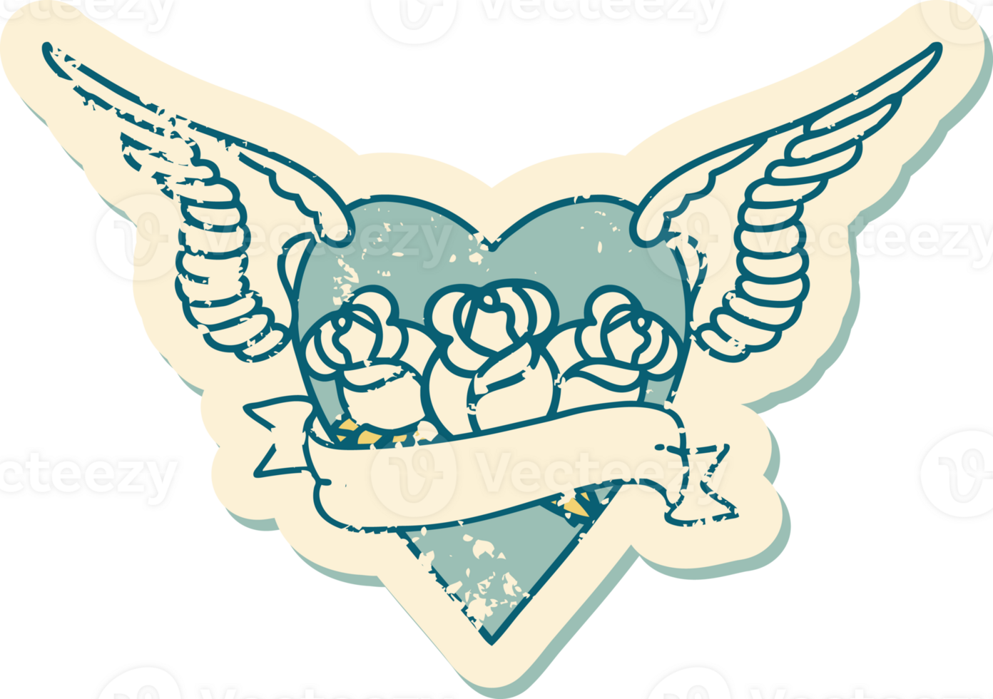 iconic distressed sticker tattoo style image of heart with wings flowers and banner png