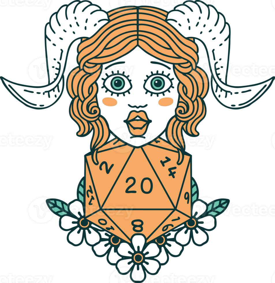 Retro Tattoo Style tiefling with natural twenty dice roll png