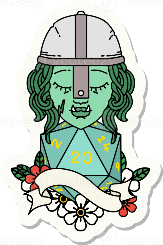 sticker of a half orc fighter character with natural 20 dice roll png