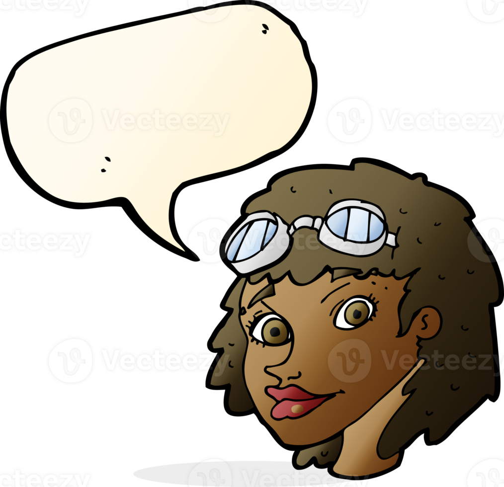 cartoon happy woman wearing aviator goggles with speech bubble png