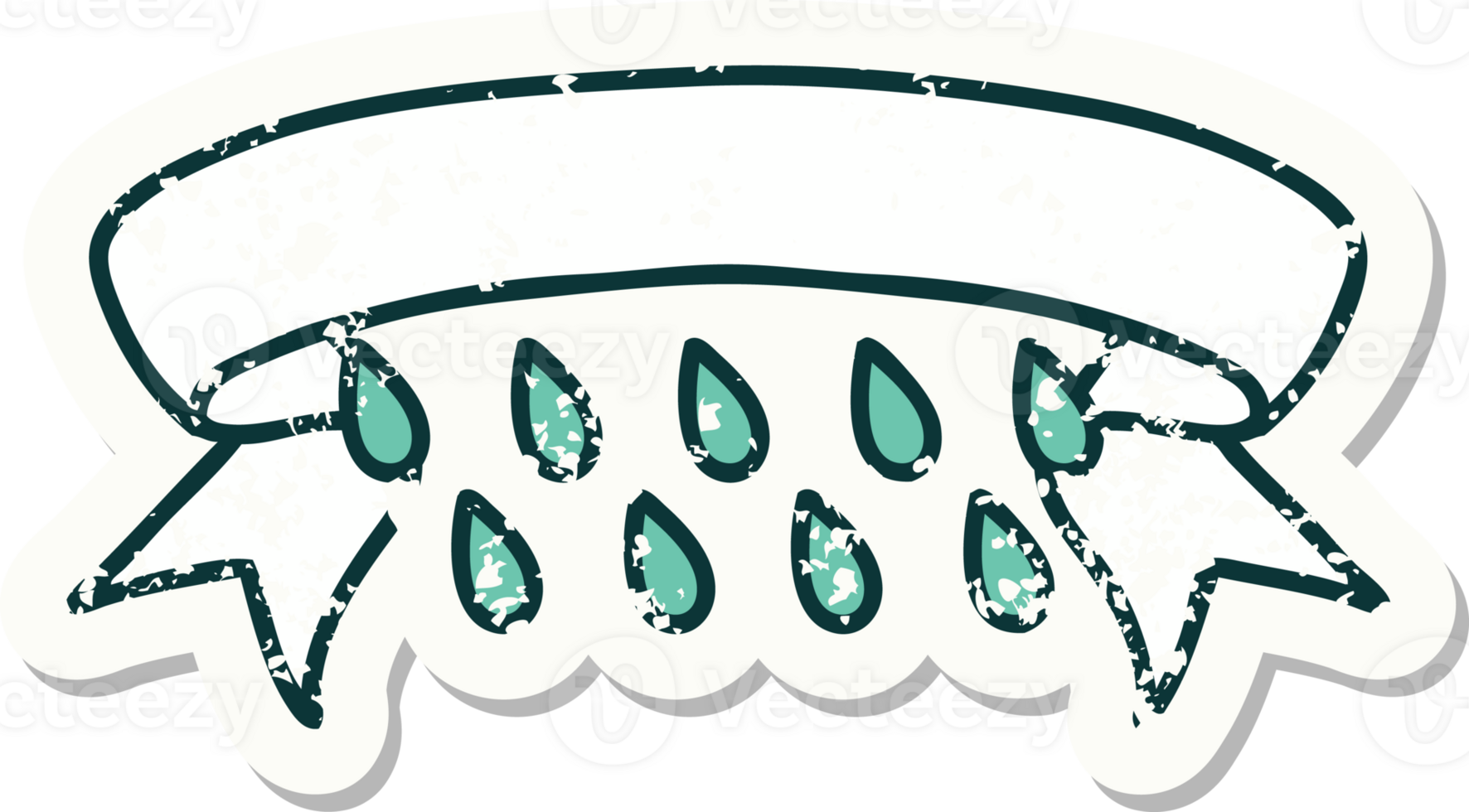 worn old sticker with banner of rain drops png