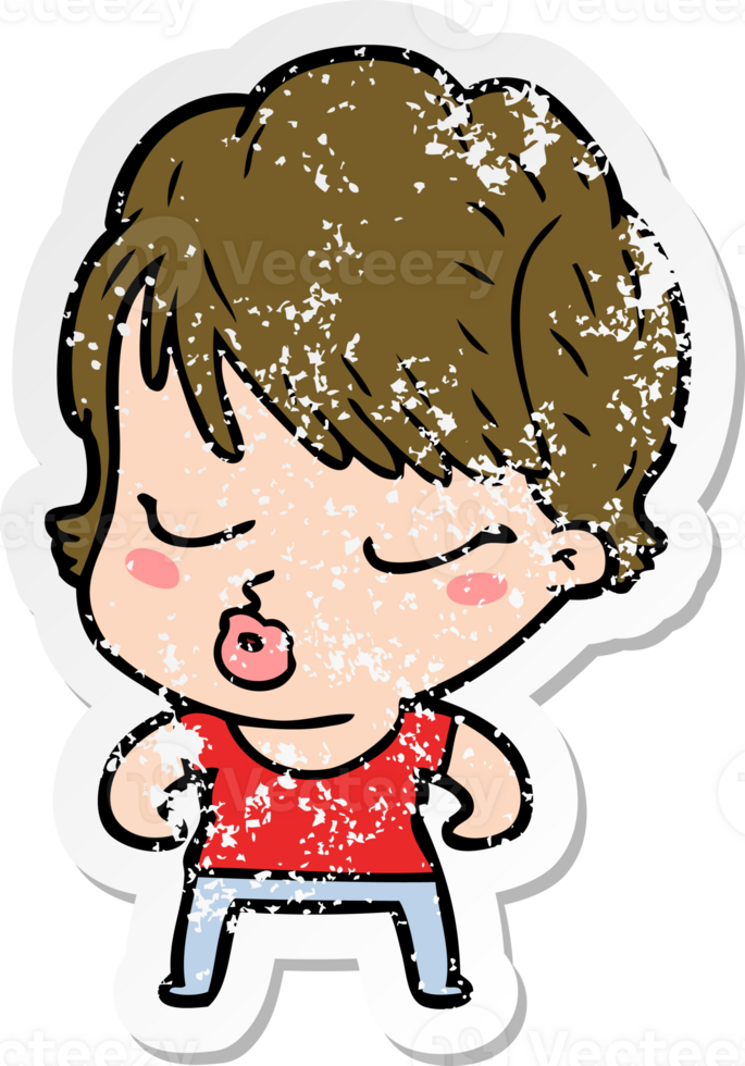 distressed sticker of a cartoon woman with eyes shut png