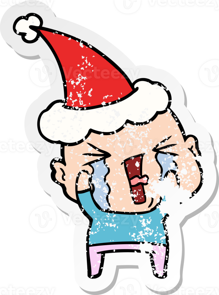 hand drawn distressed sticker cartoon of a crying bald man wearing santa hat png