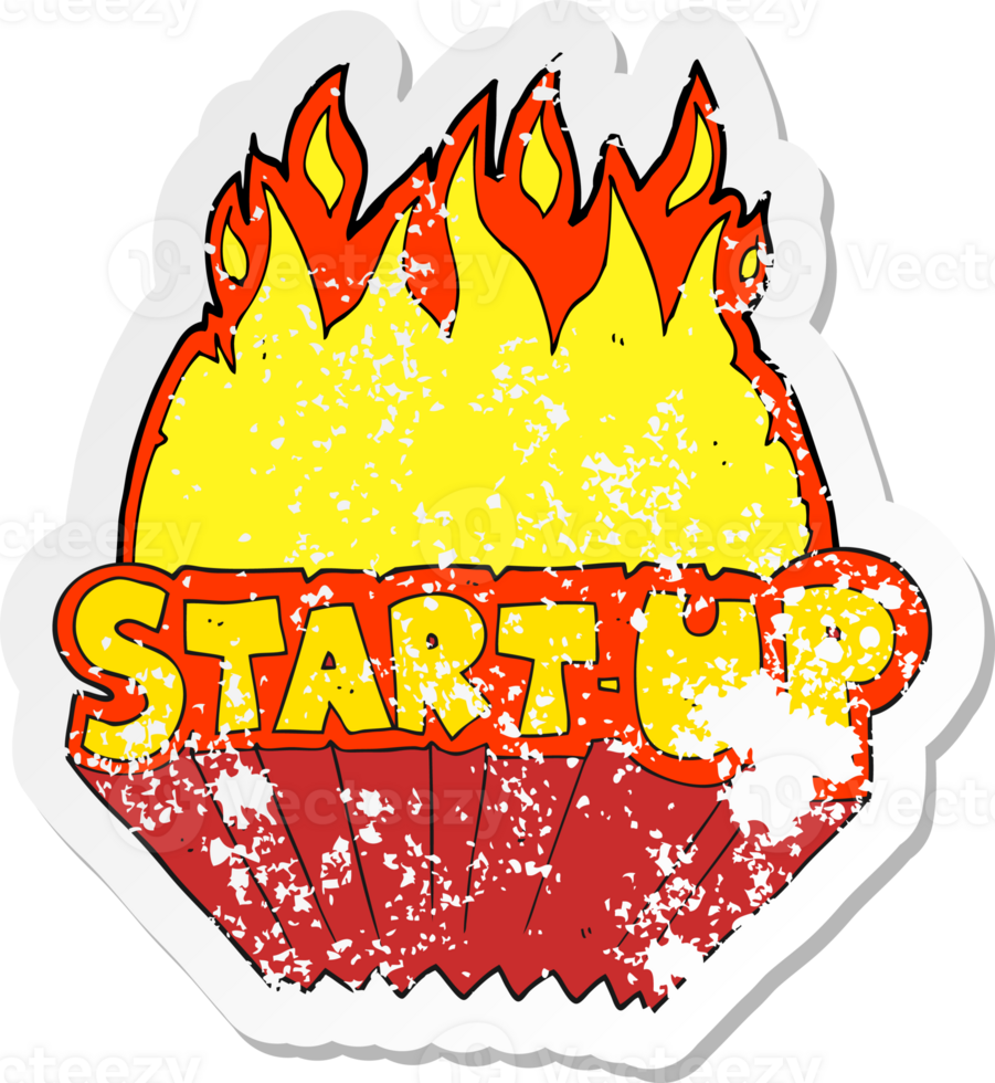retro distressed sticker of a cartoon startup symbol png