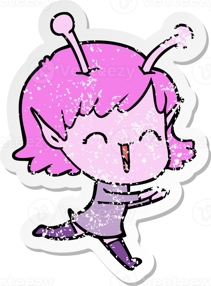 distressed sticker of a cartoon alien girl laughing png