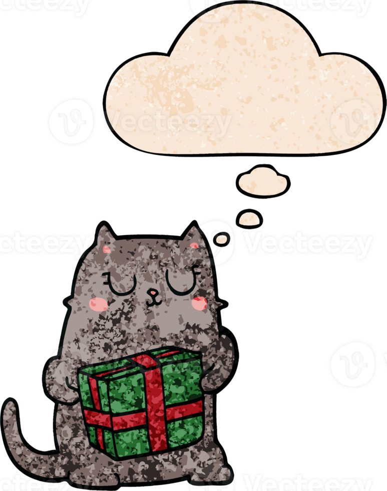 cartoon christmas cat with thought bubble in grunge texture style png