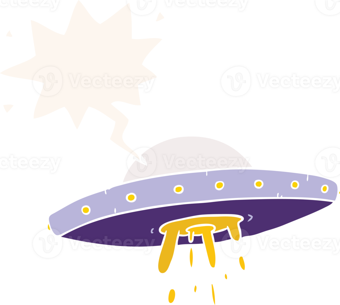 cartoon flying UFO with speech bubble in retro style png