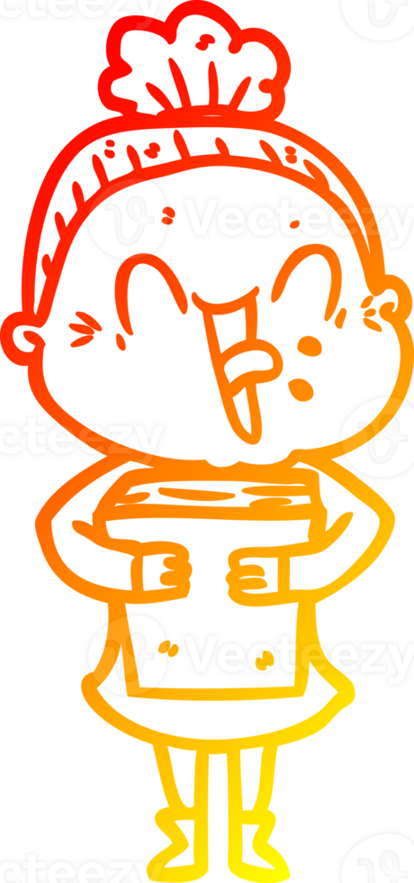 warm gradient line drawing of a cartoon happy old woman png