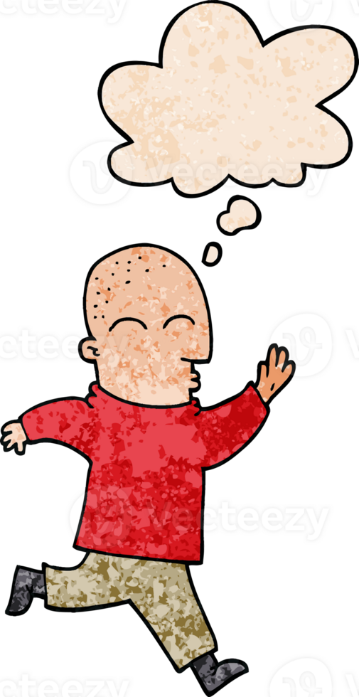 cartoon man running with thought bubble in grunge texture style png