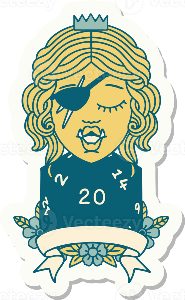 sticker of a half orc rogue character with natural twenty dice roll png