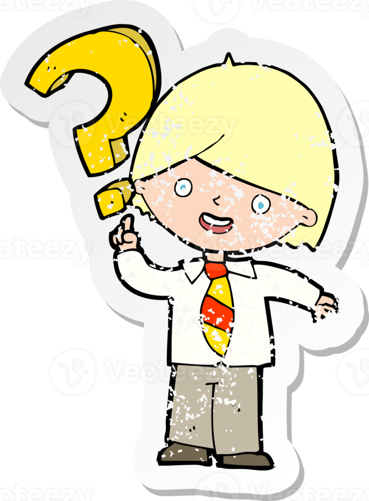 retro distressed sticker of a cartoon boy with question png