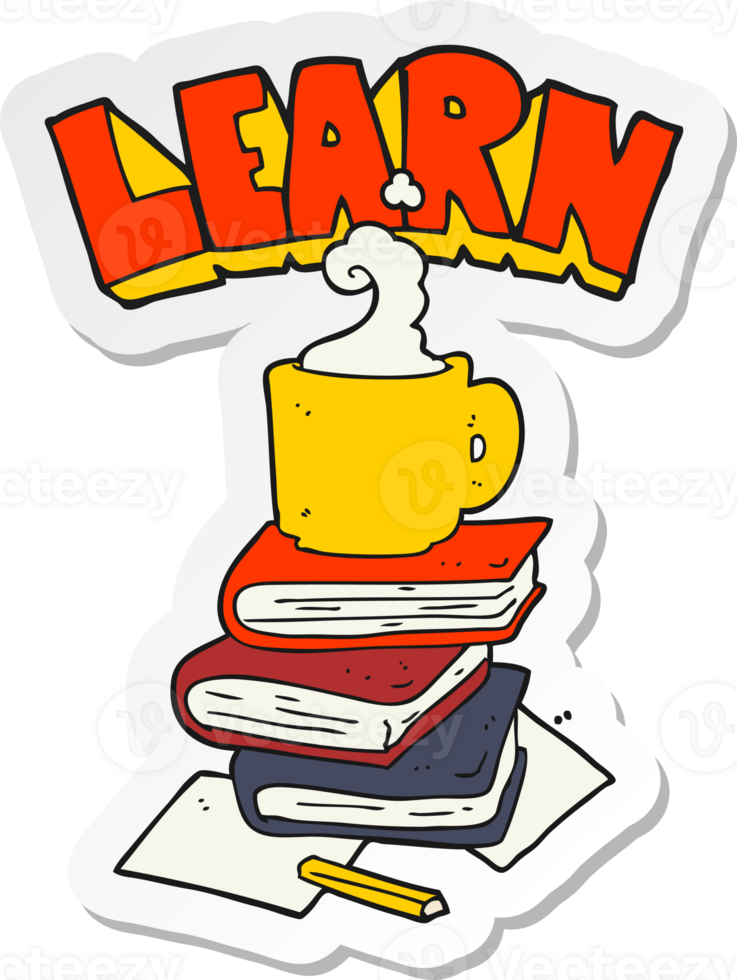 sticker of a cartoon books and coffee cup under Learn symbol png
