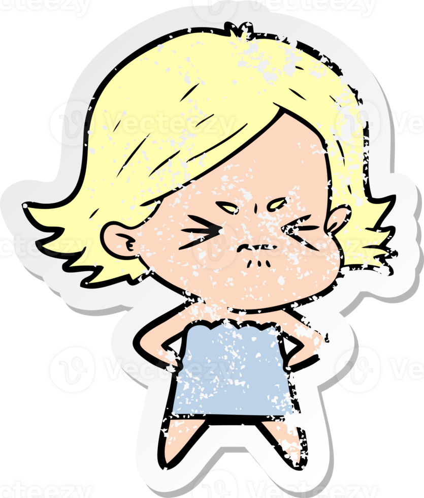 distressed sticker of a cartoon angry girl png