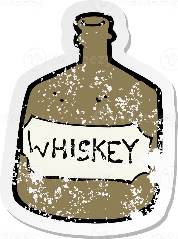 retro distressed sticker of a cartoon old whiskey bottle png