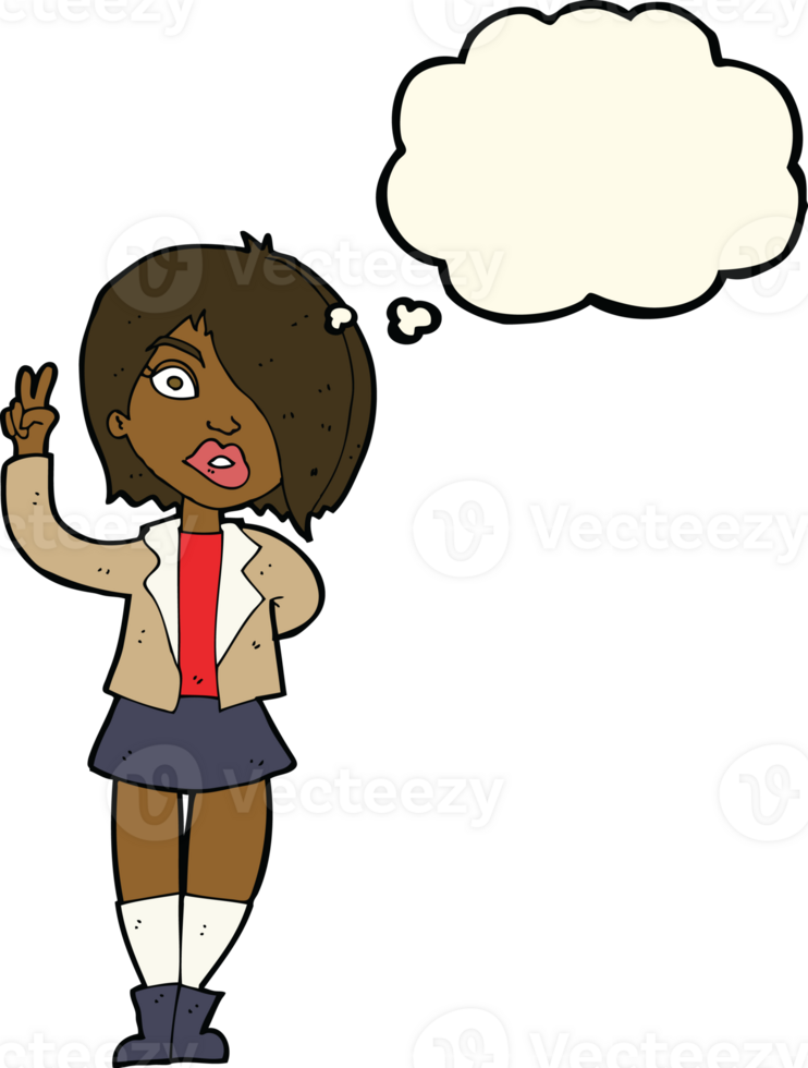 cartoon cool girl giving peace sign with thought bubble png